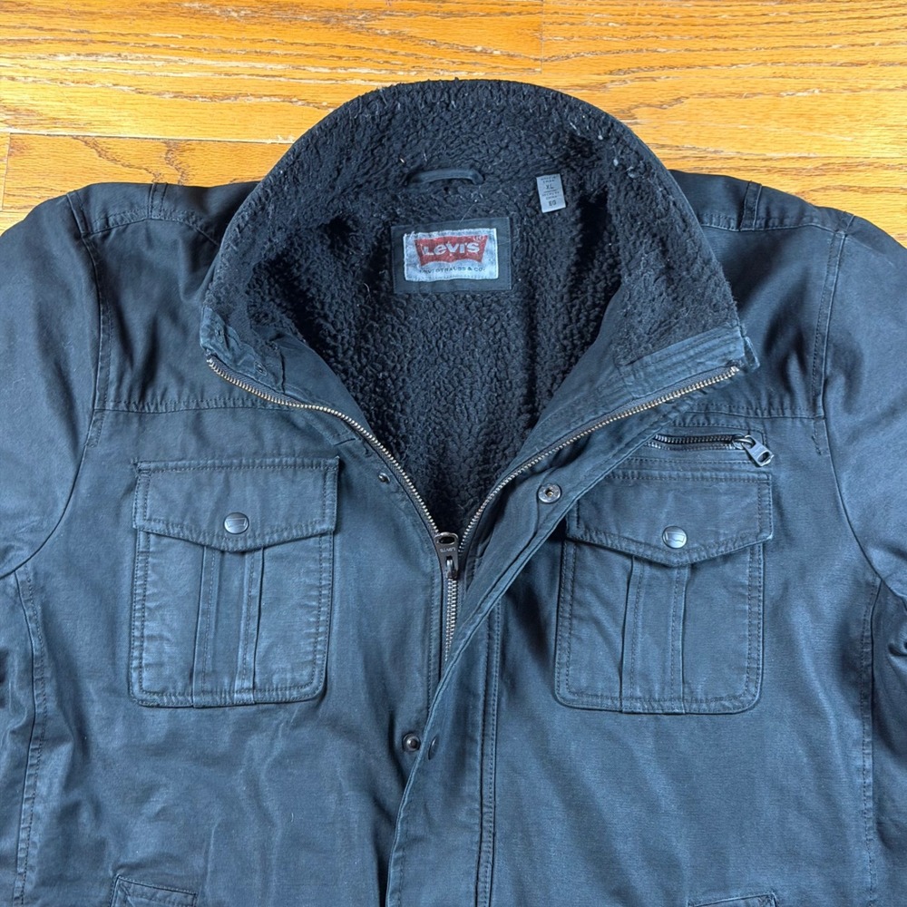 Levis Mens‎ XL Black Sherpa Lined Military Field Jacket Cotton Full Zip LM7RC471